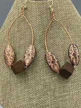 Load image into Gallery viewer, Earrings | 1-Of-A-Kind by Lillie Pearl | Copper Oval Hoops Wooden Sq. Cube
