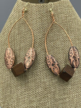 Load image into Gallery viewer, Earrings | 1-Of-A-Kind by Lillie Pearl | Copper Oval Hoops Wooden Sq. Cube
