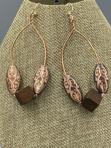 Earrings | 1-Of-A-Kind by Lillie Pearl | Copper Oval Hoops Wooden Sq. Cube