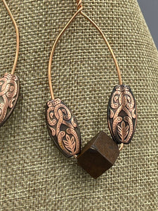 Earrings | 1-Of-A-Kind by Lillie Pearl | Copper Oval Hoops Wooden Sq. Cube