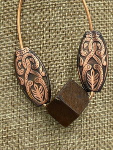 Earrings | 1-Of-A-Kind by Lillie Pearl | Copper Oval Hoops Wooden Sq. Cube