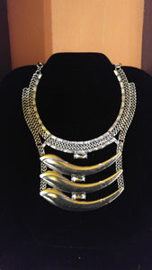 2 Piece Set Silver Plated Wave Shaped Pendant Chain Linked to a Crystal Choker with a 2nd Flat Crystal & Chain Link Choker