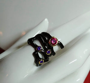 Braided Black Gun Plated Copper Rose, Amethyst & Blue CZ Gold Plated Ring Sz. 8