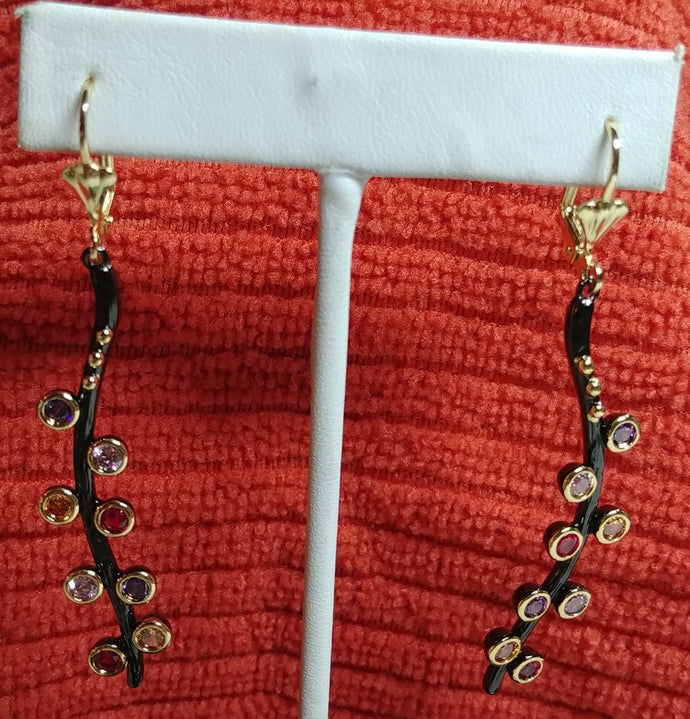 Black Gun Stems CZ Stone Edges Set in Gold Plating Lever Back Earrings