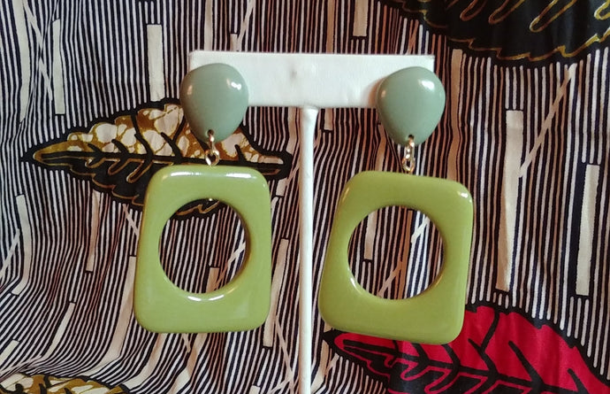 Olive & Celery Green Resin Geometric Shape Dangler Push Back Studs