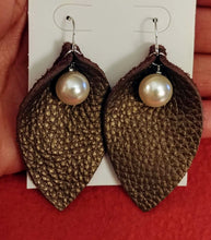 Load image into Gallery viewer, Grain Leather Leaf Danglers with Pearl Center Silver Plated Fish Hooks
