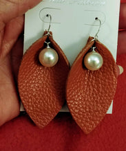 Load image into Gallery viewer, Grain Leather Leaf Danglers with Pearl Center Silver Plated Fish Hooks
