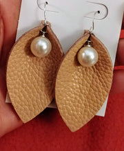 Load image into Gallery viewer, Grain Leather Leaf Danglers with Pearl Center Silver Plated Fish Hooks
