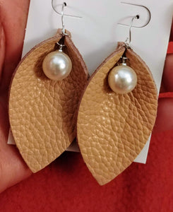 Grain Leather Leaf Danglers with Pearl Center Silver Plated Fish Hooks