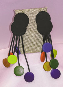 Black Rubber Round Progression Wooden Tipped Danglers w/Push Back Studs Earrings