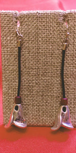 Brown Leather String Ending with Sterling Silver Open Tulip Dangler Earrings