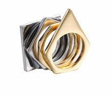 Load image into Gallery viewer, Stackable Geometric Gold Gun Metal &amp; Silver Ring
