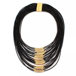 Black Multi Layer Rope Chain Gold Metal Tube Center Choker Magnetic Closure