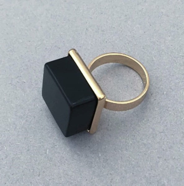 Adjustable 10K Gold Plated Black Square Ring - Size 7