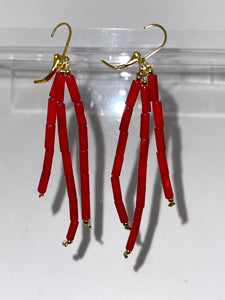 Earrings Natural Red Coral Beaded Tubes