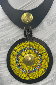 Necklace Masai Yellow Bead Black Leather