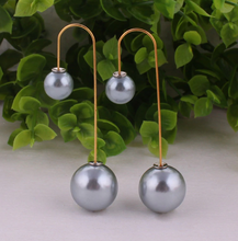 Load image into Gallery viewer, Double Sided Gray Simulated Pearl Danglers Gold Plated Hanging Push Back
