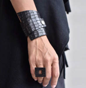 Black Etched Snake Skin Vegan Leather Wrap & Snap Cuff