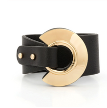 Load image into Gallery viewer, Black Leather Cuff with Gold Plated Ring &amp; Knob Closure Bracelet
