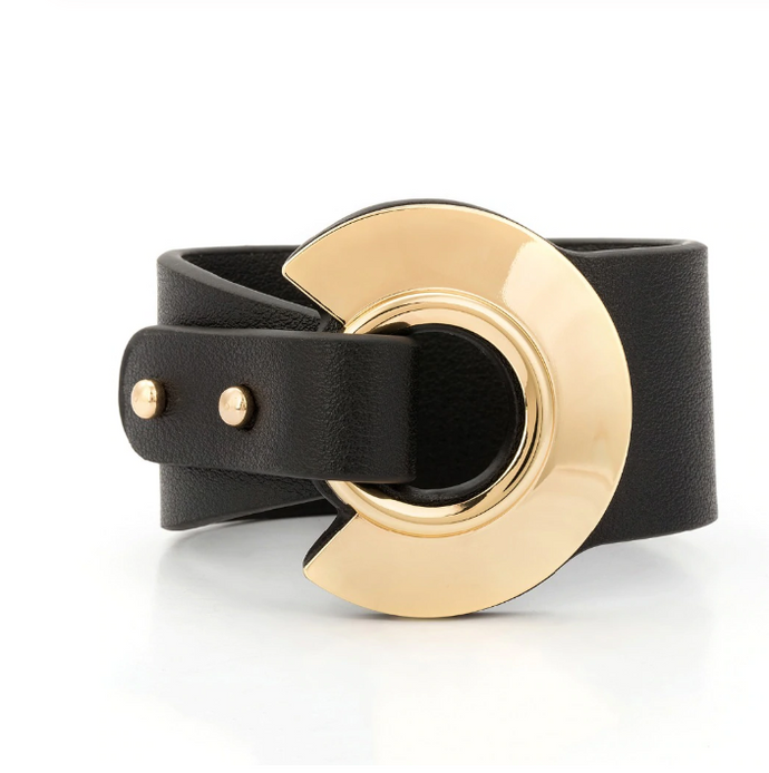 Black Leather Cuff with Gold Plated Ring & Knob Closure Bracelet