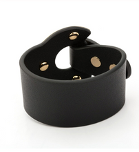 Load image into Gallery viewer, Black Leather Cuff with Gold Plated Ring &amp; Knob Closure Bracelet
