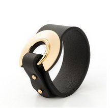 Load image into Gallery viewer, Black Leather Cuff with Gold Plated Ring &amp; Knob Closure Bracelet
