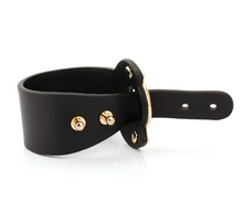 Load image into Gallery viewer, Black Leather Cuff with Gold Plated Ring &amp; Knob Closure Bracelet
