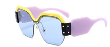 Load image into Gallery viewer, Purple Yellow &amp; Black Rimless Bottom Oversized Light Blue Lens Sunglasses
