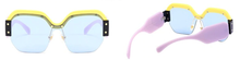 Load image into Gallery viewer, Purple Yellow &amp; Black Rimless Bottom Oversized Light Blue Lens Sunglasses
