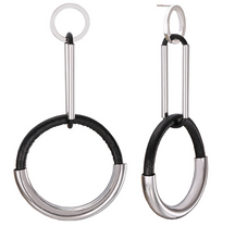 Load image into Gallery viewer, Half Black Leather Half Metal Plated Double Hoop Dangler Push Back Stud Earrings
