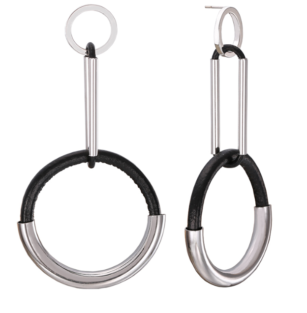 Half Black Leather Half Metal Plated Double Hoop Dangler Push Back Stud Earrings