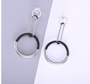 Half Black Leather Half Metal Plated Double Hoop Dangler Push Back Stud Earrings