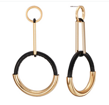 Load image into Gallery viewer, Half Black Leather Half Metal Plated Double Hoop Dangler Push Back Stud Earrings
