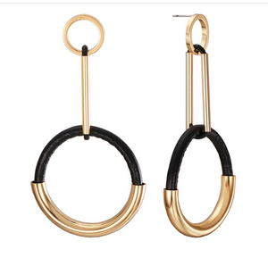 Half Black Leather Half Metal Plated Double Hoop Dangler Push Back Stud Earrings