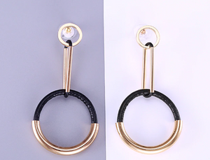 Half Black Leather Half Metal Plated Double Hoop Dangler Push Back Stud Earrings