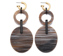 Load image into Gallery viewer, Brown White Striped Oval Acrylic Double Drop Dangler Push Back Earrings
