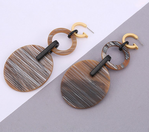 Brown White Striped Oval Acrylic Double Drop Dangler Push Back Earrings