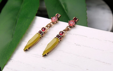 Load image into Gallery viewer, Olive Opal Gemstone with Rose Rhinestone Crystals Gold Plated Earrings
