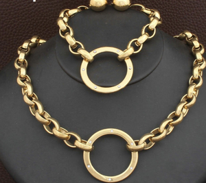 3Pcs. Necklace, Earring, & Bracelet Stainless Steel Gold Plated Rings with Crystal