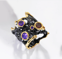 Load image into Gallery viewer, Black Enameled &amp; Gold Plated Gothic Hollow with CZ Ring
