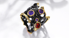 Load image into Gallery viewer, Black Enameled &amp; Gold Plated Gothic Hollow with CZ Ring
