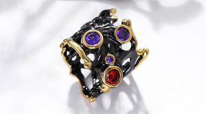 Black Enameled & Gold Plated Gothic Hollow with CZ Ring