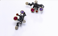 Load image into Gallery viewer, Black Enameled &amp; Gold Plated with CZ French Back Closure Earrings
