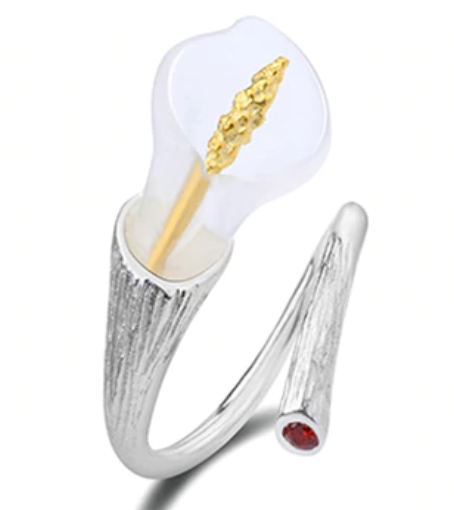 Natural Stamped Sterling Silver Crystal Calla Lily Flower Red CZ Adjustable Ring