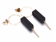 Load image into Gallery viewer, Gold Plated Copper Hoops Black Acrylic Log Push Back Dangler Earrings
