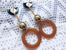 Load image into Gallery viewer, Coffee Acrylic Open Ring Dangler Gold Plated Ball Black Acrylic Push Back Stud Earrings
