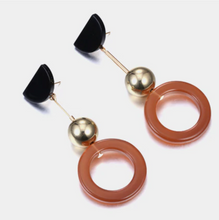 Load image into Gallery viewer, Coffee Acrylic Open Ring Dangler Gold Plated Ball Black Acrylic Push Back Stud Earrings
