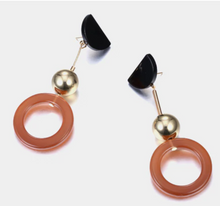 Load image into Gallery viewer, Coffee Acrylic Open Ring Dangler Gold Plated Ball Black Acrylic Push Back Stud Earrings
