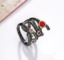 Load image into Gallery viewer, Braided Black Gun Plated Copper Rose, Amethyst &amp; Blue CZ Gold Plated Ring Sz. 8
