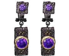 Load image into Gallery viewer, Black Gun Plated Copper Gold Plate Set Amethyst CZ Latch Back Earrings
